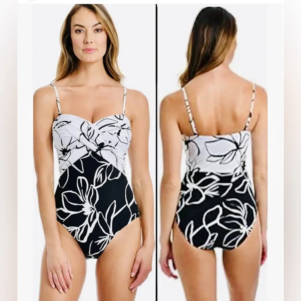 La Blanca Bandeau‎ Mio One-Piece Swimsuit Size 12 Black & White Floral
